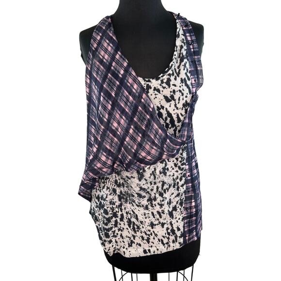 3.1 Phillip Lim Mixed Print Purple Black White Silk Draped Sleeveless Top 6 - Picture 1 of 8